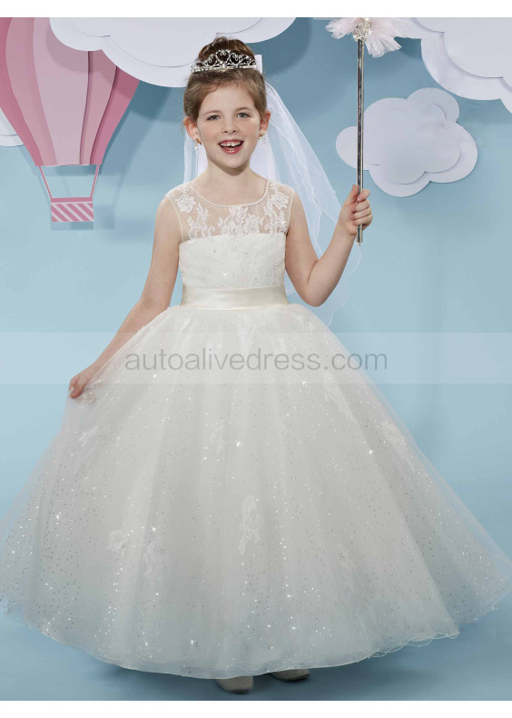 Beaded Ivory Lace Sparkling Tulle Flower Girl Dress With Cape